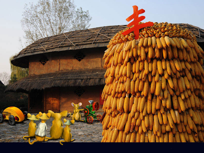 Tommy is demonstrating his patented corn huller with Chinese villagers watching in awe